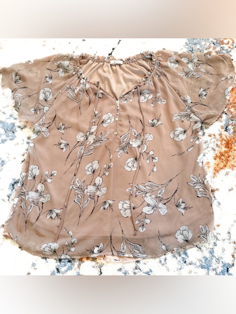 Women’s Floral Peasant Flutter Sleeve Blouse - Taupe Pink 1XL